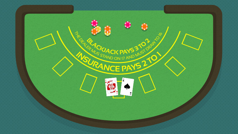 Blackjack table layout with an Ace of spades, King of hearts Cards and casino chips