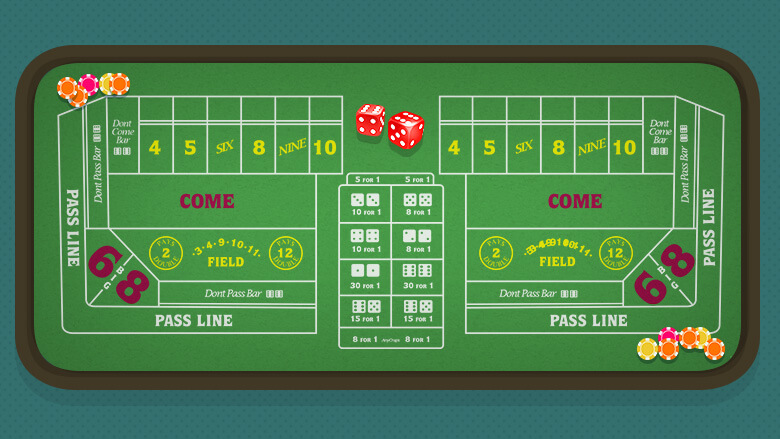 Craps table layout with casino chips